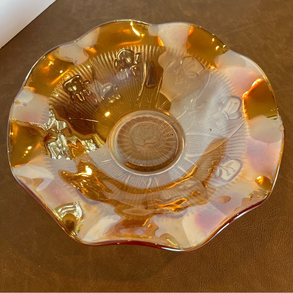 Vintage Jeannette Glass Iris and Herringbone Iridescent Marigold Bowl